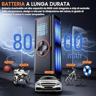 Compressore Aria Portatile per Auto 8000mAh, 150PSI Gonfiatore Elettrico a Doppia Alimentazione Ricaricabile con Display Digitale e Luce LED, Spegnimento Automatico, per Auto, Moto, Bici, Palloni