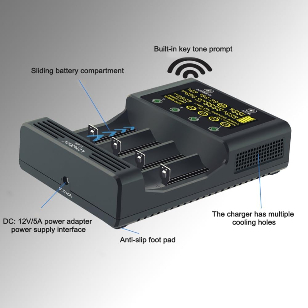 Side view of Liitokala LII-600 charger showing sliding battery compartment, cooling holes, DC 12V/5A power adapter interface, and anti-slip foot pad