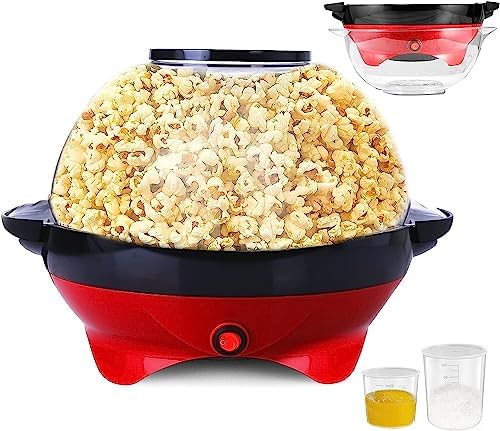 TLGREEN 6 Quart Popcorn Machine - 24 Cups, Stir Crazy Popcorn Popper Machine, Electric Hot Oil Popcorn Maker Machine, with Nonstick Plate & Stirring Rod, Large Lid as Serving Bowl and 2 Measuring Cups