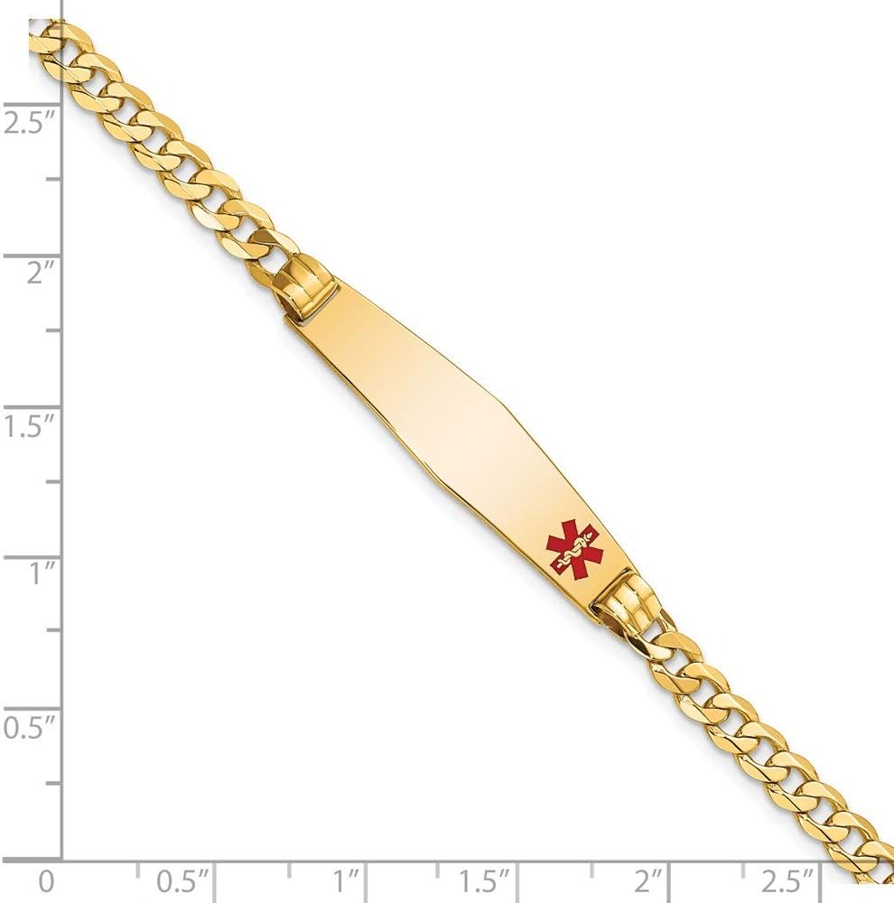 Engravable Personalized Custom 14K Yellow Gold Medical Soft Diamond Shape Red Enamel Curb Link ID Bracecet Bracelet For Men or Women Length 8 inches Width 9 mm