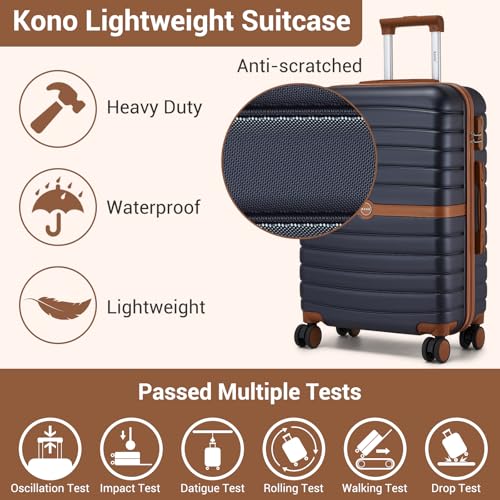 Kono Cabin Suitcase 55X40X20 Lightweight Abs + Pc Hard Shell Carry On Trolley Case Small Travel Hand Luggage With 3 Digit Combination Lock Spinner Wheels (Navy/Brown) - 2