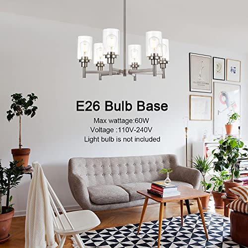 Vinluz 6 Light Contemporary Chandelier Brushed Nickel Modern Pendant Lighting Cylinder Clear Glass Shaded Classic Ceiling Light Fixtures For Living Room Dining Room Kitchen #TOP2