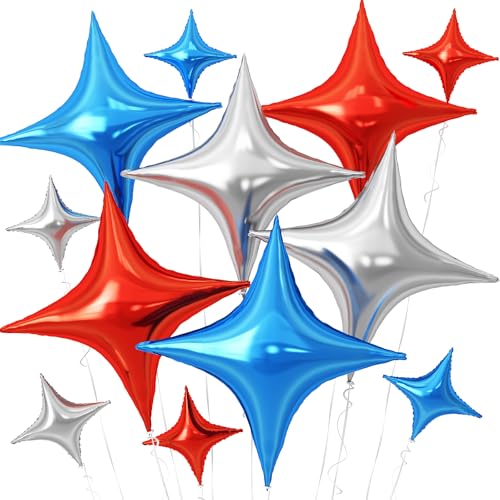 Image of Red Blue Silver Star Balloons,12Pcs Four Angle Star Foil Balloons