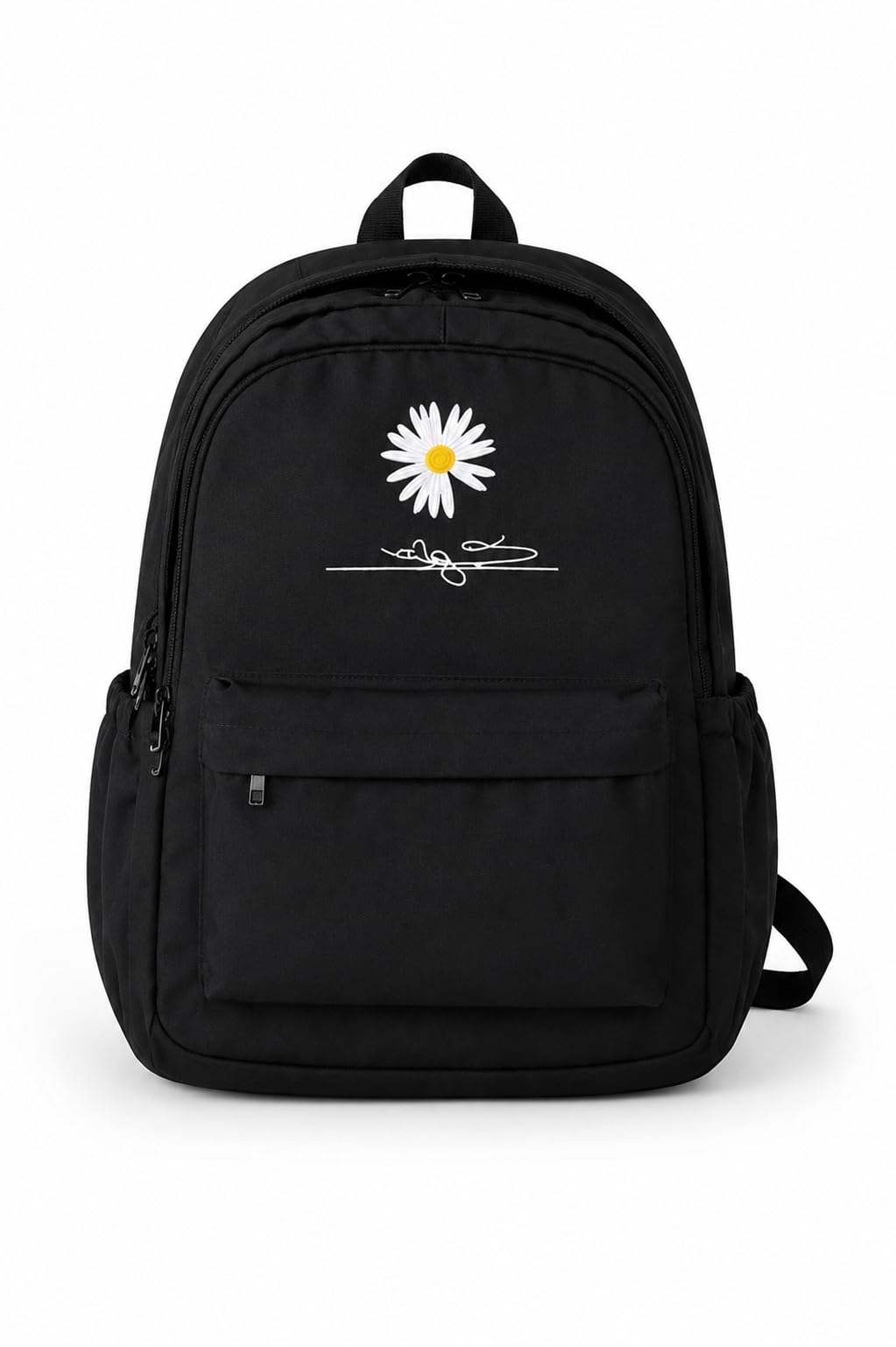 stylish daisy print design – elegant black backpack with premium daisy floral print for a modern and trendy look, perfect for school, college, travel, and daily use.