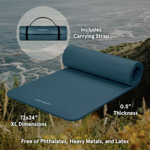 Image of Retrospec Solana Yoga Mat Thick 1 /2in Non-Slip Workout Mat with Nylon Strap - 72x24in Exercise Mat for Pilates, Stretching & Fitness - BPA Free, Easy Clean
