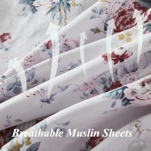 Image of FADFAY Breathable Double Gauze Cotton Sheets Set - Pistachio White Floral Cottagecore Bed Set, Ultra Soft Lightweight 100% Cotton Gauze Bedding, Summer Cooling Bed Set with Pillowcases