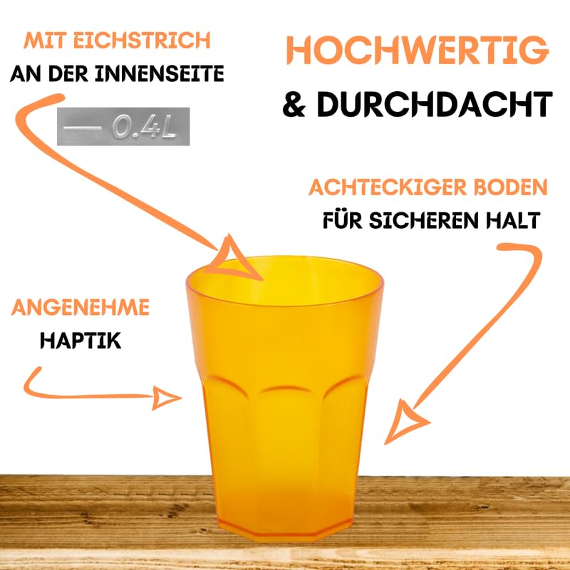 12x Plastikbecher Orange 400ml | Frostoptik Becher Stapelbar & Spülmaschinenfest