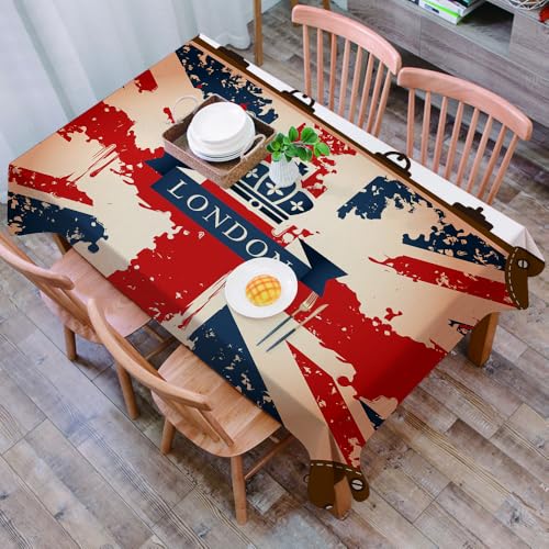 DALEXHM Mantel Mesa Rectangular 137x183 cm,Union Jack, Maleta de Viaje Vintage con Bandera británica, Cinta de Londre,Durabilidad y Fácil Limpieza para tu Mesa - Mantel Hule Antimanchas e Impermeable