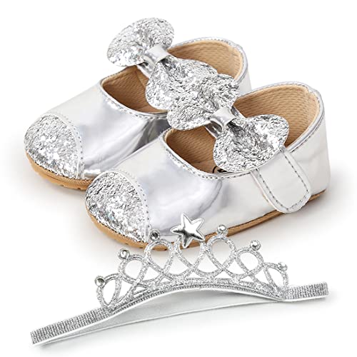 Qwzban 2Pcs/Set Baby Girls Mary Jane Flats With Bownot Non Slip Soft Sole Sequins Pu Leather Newborn Infant Toddler First Walker Cirb Party Christmas Dress Shoes #TOP23
