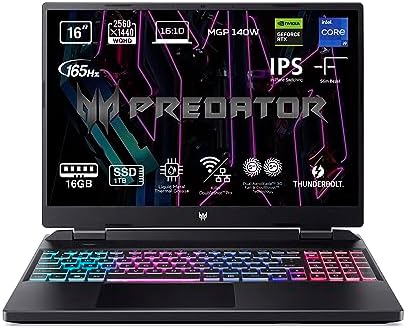 Acer Predator Helios Neo 16 PHN16-71 – Ordenador Portátil Gaming 16″ HD 4K – 165 Hz (Intel Core i9-13900HX, 16GB RAM, 1TB SSD, NVIDIA GeForce RTX 4070, Sin SO) Color Negro – Teclado QWERTY Español