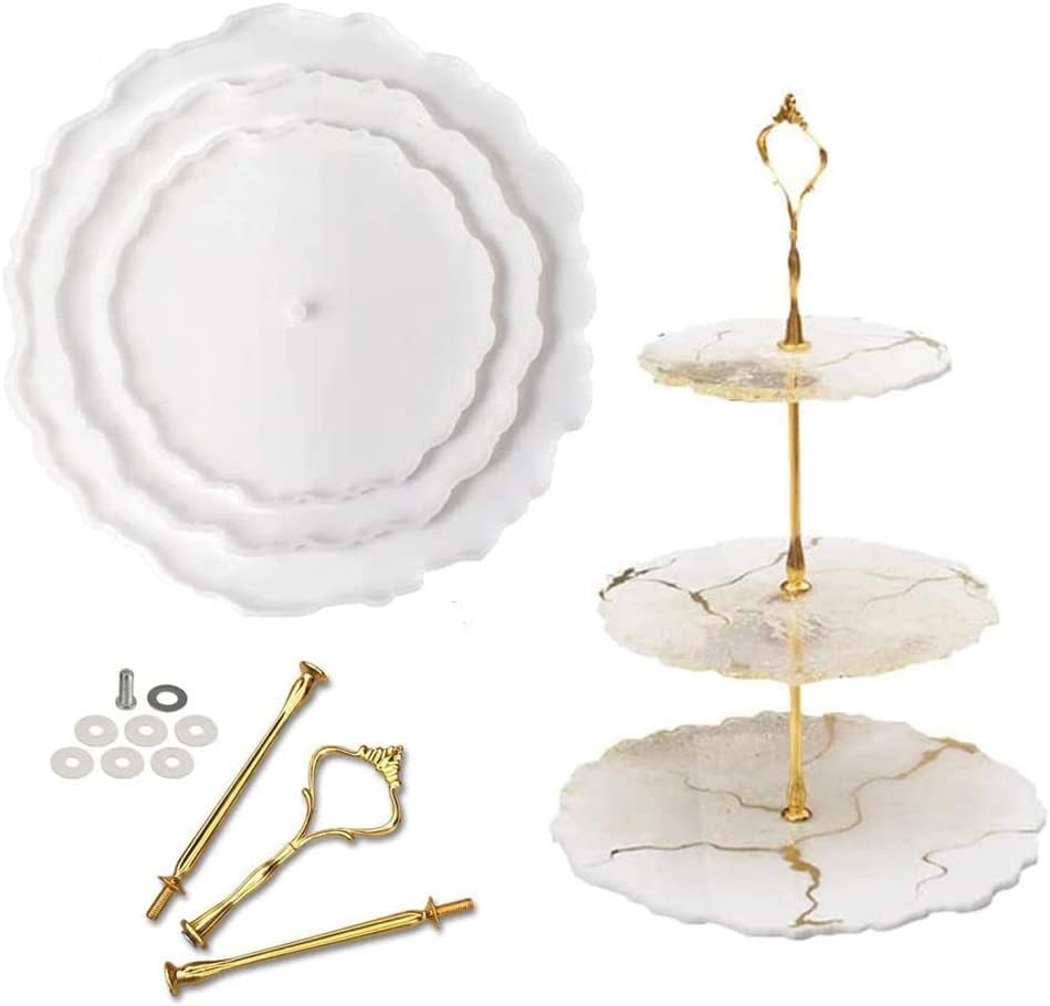 Enameena Offers a Set of 3 Three-Tier Cake Stand molds Designed for Resin. This Includes Silicone epoxies and a Set of Golden Brackets for Creating Stunning Cake Trays.