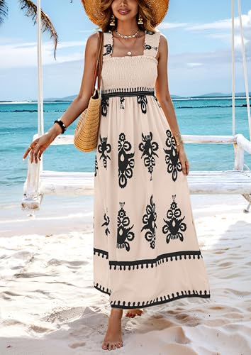 Image of PRETTYGARDEN Women's Sleveless Boho Maxi Dress | Boho Floral,Square Neck,Wide Ruffle Straps,with Pockets,Smocked A Line Dresses,Flowy Sundress for Summer Beach,Travel,Party