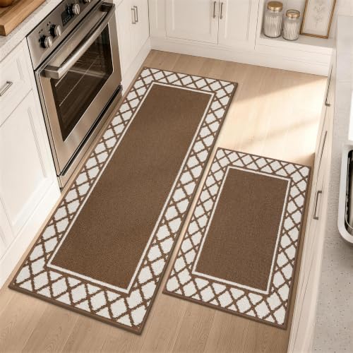 COSY HOMEER Washable Kitchen Rugs Sets of 2 Non-Slip Kitchen Mats,Browm
