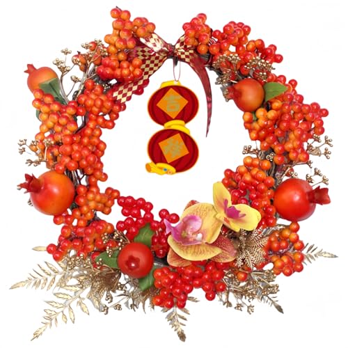 KazeSoリース お正月リース お正月飾り 花輪 新居祝い 正月飾り 玄関リース 春節 飾り 春祭り 辰年 縁起物 装飾 豊作祈願 繁栄祈願 雰囲気 飾り付け 中華風 新年を迎える 旧正月ガーランド LEDライト付き 吊り下げ飾り オーナメント 旧暦の花