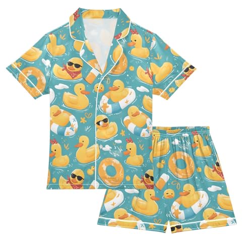 ALAZA Duck Blossom Water Cartoon Satin Pajamas Set Short Sleeve Button Down Sleepwear Summer Pjs 2 Piece
