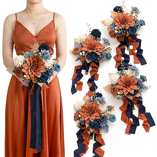 Ling's moment Burnt Orange Artificial Bridesmaid Bouquets Set of 4,Terracotta Wedding Flower Bouquets Navy Blue Floral Bouquet Bridal Bouquets with Ribbon,Ceremony,Anniversary,7-inch Diameter
