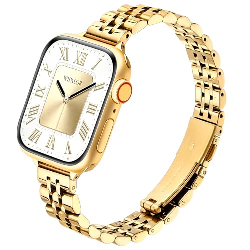 Image of Wipalor Thin Classic Metal Chain Band Fit Slim Apple Watch Bands for women 42mm 41mm 40mm 38mm, Dressy Designer Stainless Steel iWatch Bands for iPhone Watch Bands Series 11 10 9 SE 8 7 6 5 4 3 2 1-Gold