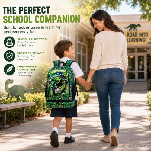 Image of 2 In 1 Dinosaur Backpack for Boys, 17 inch School Bookbag with Lunch Box, Kids Backpacks for Elementary Preschool Kindergarten (Green)