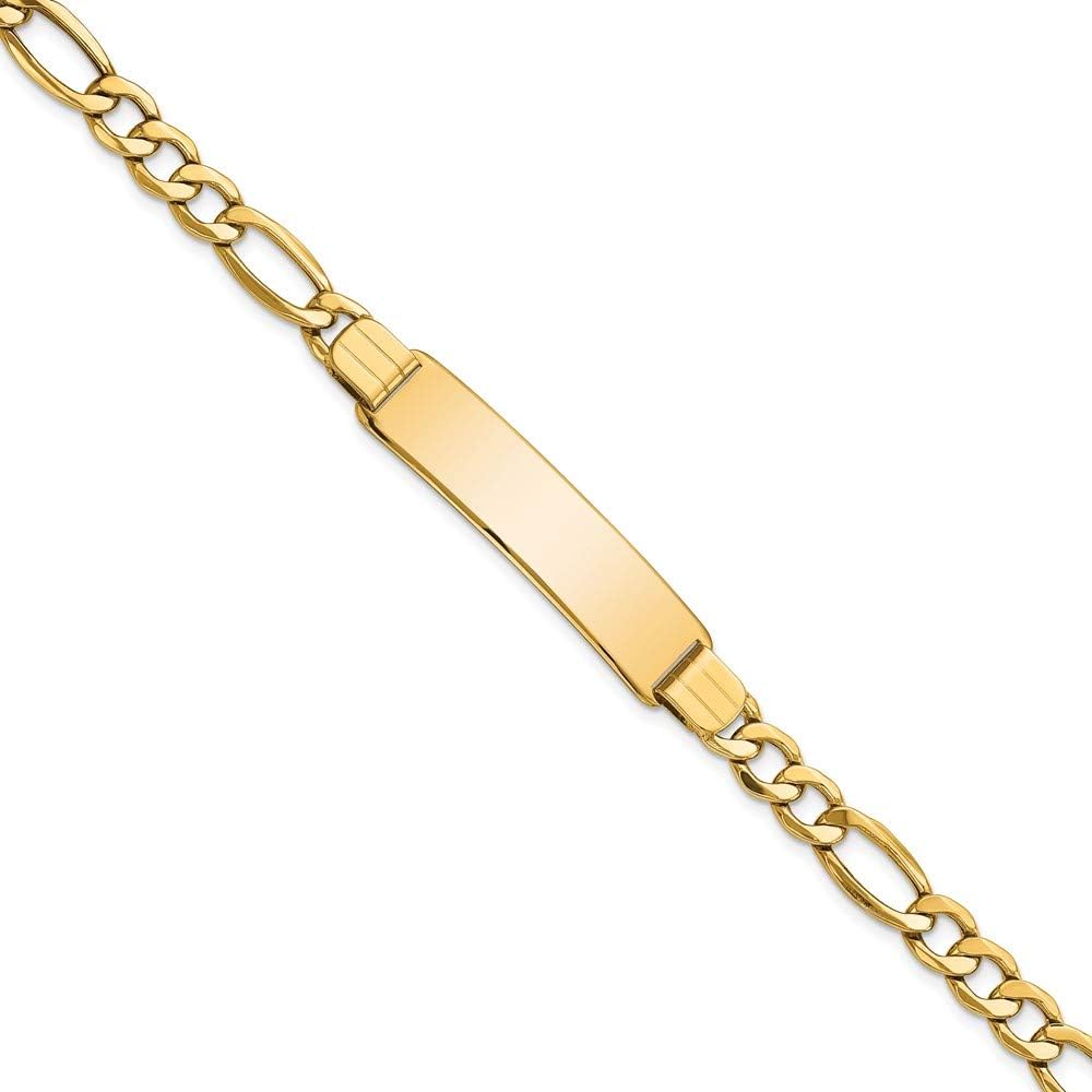 Engravable Personalized Custom 14K Yellow Gold Polished Semi-Solid Figaro ID Bracelet For Men or Women Length 8 inches Width 10 mm