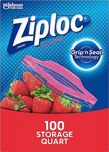 Ziploc Storage Bags with New Grip 'n Seal Technology, for Food, Sandwich, Organization and More, Quart, 100 Count