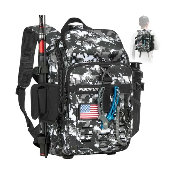 Piscifun Fishing Tackle Backpack with Rod & Gear Holder, Lightweight Fishing Tackle Storage Bag with Protective Rain Cover