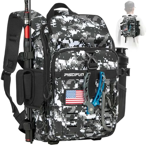 Image of Piscifun Fishing Tackle Backpack with Rod & Gear Holder, Lightweight Outdoor Water-Resistant Fishing Shoulder Storage Bag with Protective Rain Cover, Digital Camouflage