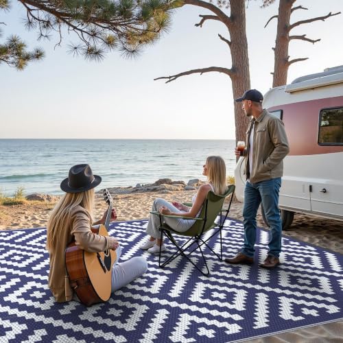 Image of GENIMO Outdoor Rug, Waterproof Plastic Rugs 9'x12' for Camping Blue White | Outside Larger Modern Carpet Mat for Porch Decor, Deck, Balcony, Camping, RV, Backyard, Picnic, Beach, Reversible, Foldable