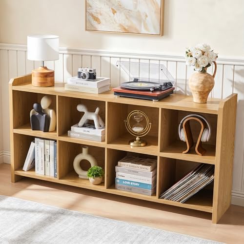 Image of 8 Cube Low Storage Organizer, 63 inch Long Horizontal Bookshelf, Natural