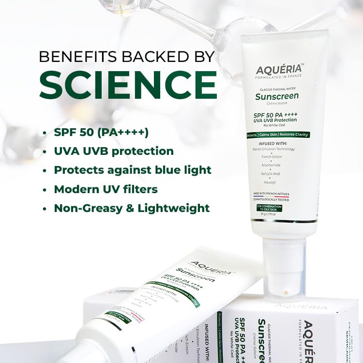 Image of Aqueria Oil Control Brightening Gel Multi-Active French Sunscreen SPF 50 PA++++ | In-Vivo /In-Vitro Tested | 2% Niacinamide, BHA & Hyaluronic Acid | Modern UV Filters | Broad Spectrum UVA /UVB & Blue Light Protection | Lightweight, Non-Greasy, No White Cast | Suitable for Daily Use | For Oily, Acne-Prone & Combination Skin | 100g