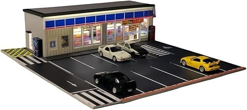 Vilom【LEDライト付き・開閉ゲート搭載】1/64スケール ミニチュア都市シーン建物モデル 消火栓・ゴミ箱等アクセサリー付属 USB給電式 模型車両用ディスプレイベース 夜景照明可能 (コンビニ（約28.5×30×6.5cm）)