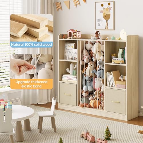 Image of EXPERLAM 4-in-1 Toy Storage Organizer with Stuffed Animal Storage, Solid Pine Kids Bookshelf and Toy Shelf, 6 Cube Shelf with 2 Removable Drawers, Stuffed Animal Zoo for Kids Room, Playroom, Nursery