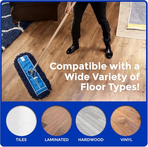 Image of Nine Forty 24 inch Premium Nylon Dust Mop with Wood Handle - Heavy Duty Mop Head for Industrial, Commercial, and Residential Cleaning - Dry Floor Duster for Hardwood Surfaces and Commercial - Blue