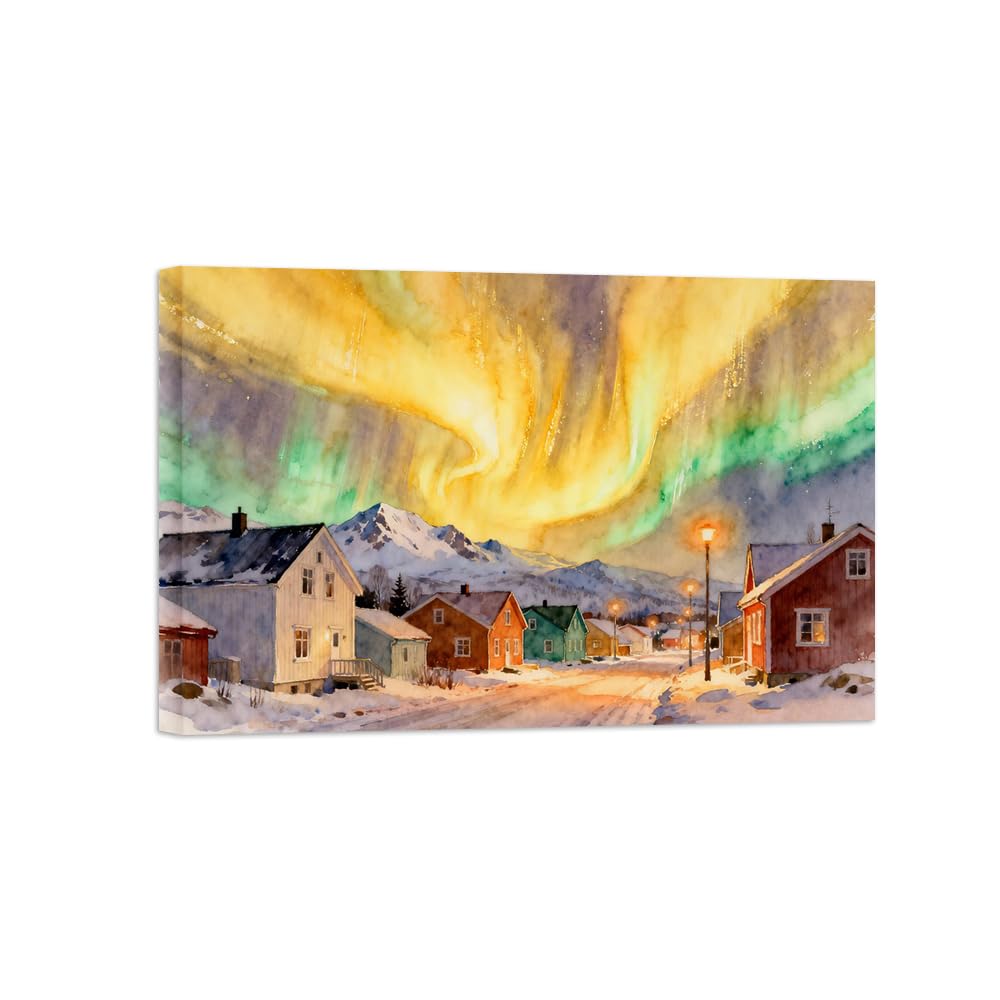 OZPWBVY Aurora House Landscape Canvas Prints Ready to Hang 70x105cm Wrapped Canvas