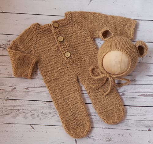 Vemonllas Newborn Photography Props Boys Girls Outfits Mohair Bear Hat Bonnet & Footed Romper Bodysuit Photoshoot Costume Set (Camel) #TOP2