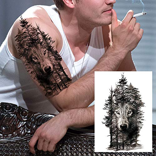 6 Sheets FANRUI 3D Large Realistic Geometric Wolf Temporary Tattoos For Men Women Waterproof Tribal Forest Wolf Fox Coyote Temporary Tatoo Arm Leg Shoulder Armband Custom Fake Tattoo Sticker Paper DIY