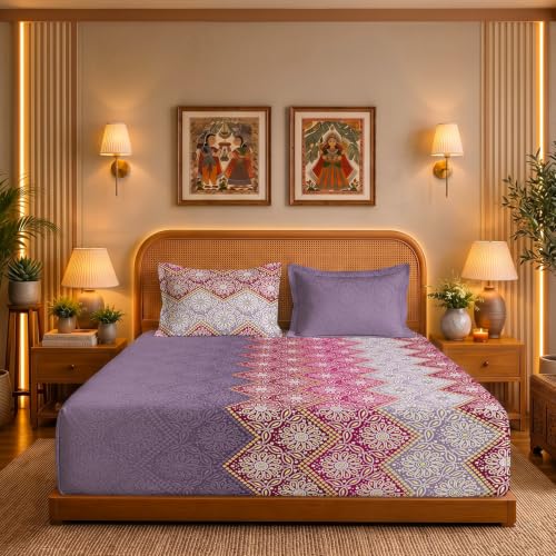 Image of Urban Space Serene 300TC 100% Cotton Bedsheet for Double Bed, Panel Design Bedsheet, Printed Queen Size Bed Sheet with 2 Pillow Covers (90 x 100 Inches, Lehriya Dusty Purple)