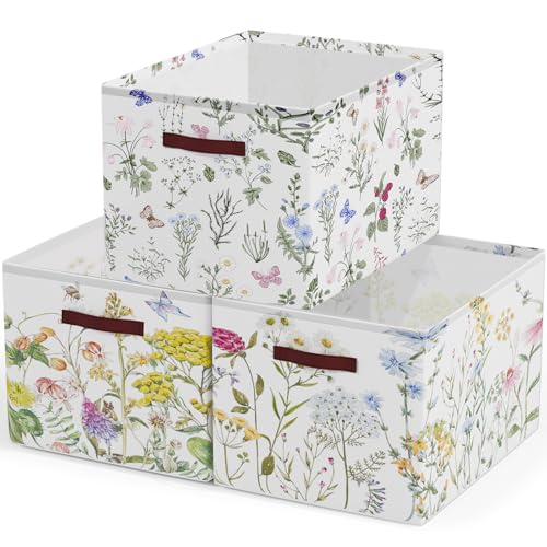 Image of Boao 3 Pack Floral Storage Baskets for Gifts Empty Collapsible Large Wildflowers Storage Bins, Herbs Flowers Canvas Laundry Basket Organizer with Handle for Bedroom Home Office Clothes Closets Toys