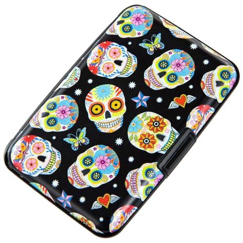 Image of Credit Card Holder, Metal Card Wallet RFID Blocking Mini Slim Aluminum Business Hard Card Case for Women Men (Butterfly Sugar Skulls)