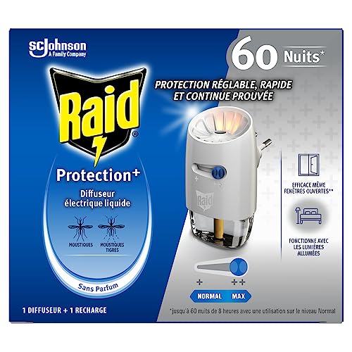 Raid - Difusor eléctrico líquido protector + – Protección ajustable – Mosquitos & Mosquitos Tigres – 1 difusor + 1 recarga de 60 noches