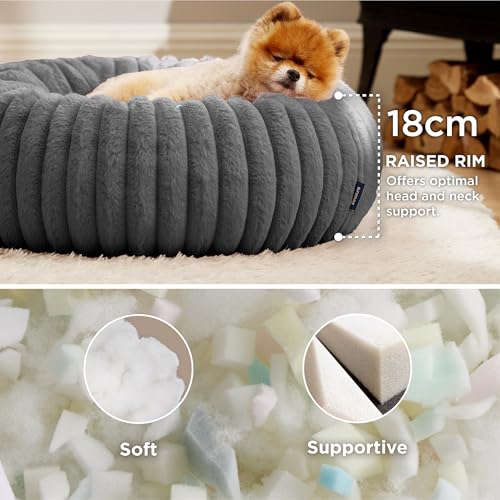 BEDSURE orthopädisches Katzenbett für große Katzen - Flauschiges Donut 58.5x58.5x18cm Hundebett für kleine Hunde mit waschbarem & abnehmbarem Cord-Fleece-Bezug, rutschfeste Unterseite, dunkelgrau