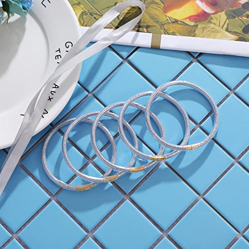 Mjartoria Glitter Jelly Bangles Bracelets Set Glitter Filled Jelly Silicone Bracelets For Women Girls (Silver) #TOP2
