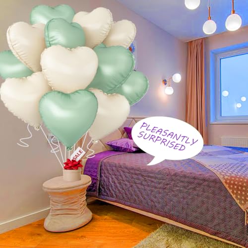 Image of Baby White Heart Balloons,18 Inch Light Green Helium Foil Love Heart Shaped Balloons for Anniversary Wedding Engagement Birthday Party Baby Shower Valentines Decorations(12Pcs)