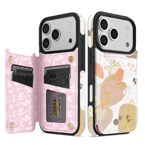 Housse iPhone 17 Pro Max magnétique anti-RFID avec fentes pour cartes en simili cuir fleuri