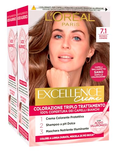 L'Oréal Paris - Tinte permanente Excellence Cremas 7.1 rubio ceniza coloración triple tratamiento cubre 100% cabello blanco de larga duración con ácido hialurónico – 2 tonos