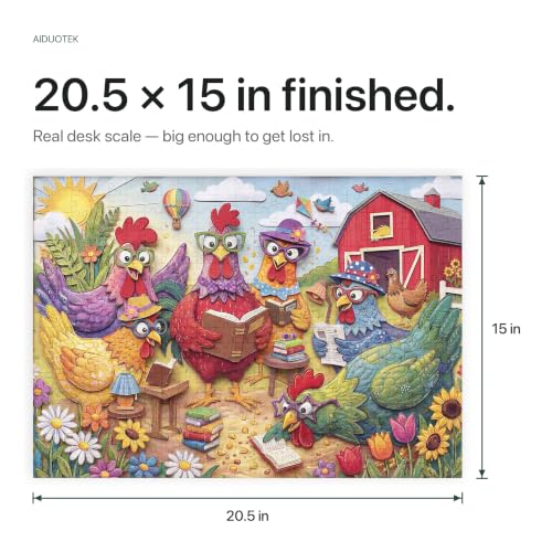 Puzzle Chicken Book Club Farm para adultos, 500 piezas - Arte colorido y caprichoso en estilo papel - Cartón grueso premium 20.5x15 pulgadas con póster de referencia para amantes de libros miniatura 5