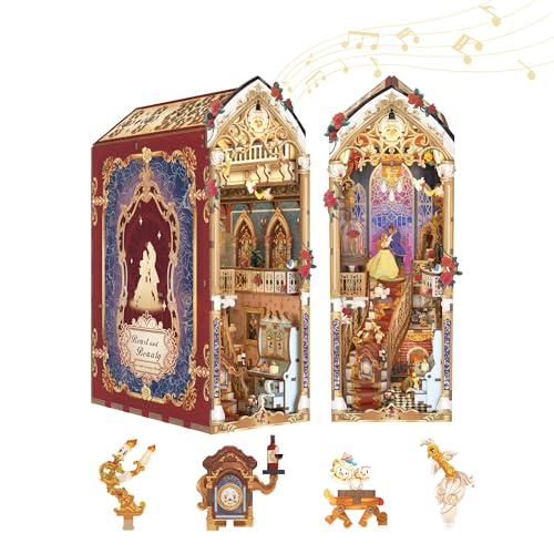 Tonecheer DIY Book Nook Kit for Adults, 3D Wooden Puzzle Music Booknook Miniature Dollhouse, Fairy Tale Bookend Bookshelf Decor with Dust Cover and LED Lights Gifts (Beast? and Beauty)