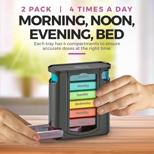 Image of Stackable Daily Pill Organizer - 2 Pack, 4 Times a Day Weekly Medication Reminder - Premium Weekly AM /PM Pill Box with 7 Individual Stacking Cases, a Everyday Medicine Organizer for Vitamins
