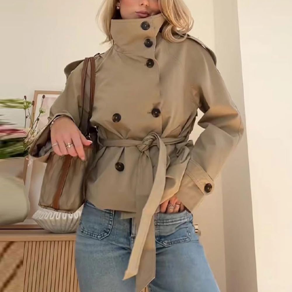 Womens Cropped Trench Coat High Collar Long Sleeve Loose Double Breasted Fashion Fall Winter Coats with Belt - Image 6