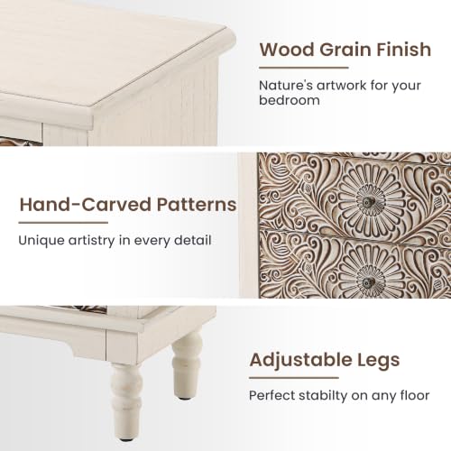 Image of HOMPUS Nightstands Set of 2, White Nightstand with 3 Storage Drawers, Night Stand w Flower Pattern, Bedside Table Set of 2, Accent Table for Bedroom, Apartment, Light Grey Grain