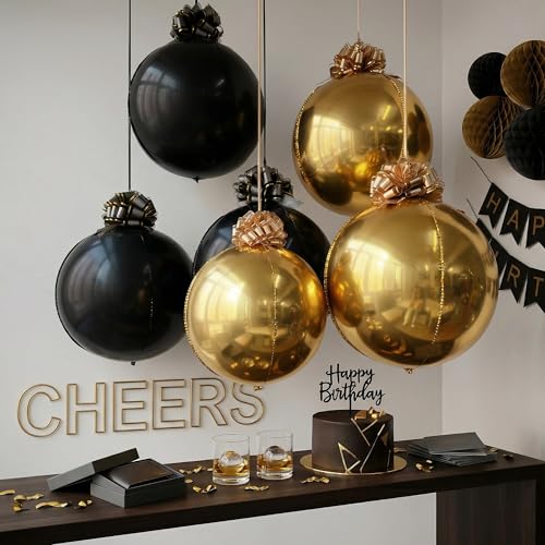 6 Pack Black and Gold Balloons 22 Inch 4D Metallic Orb Hanging Balloons with 12 Pull Ribbon Bows Ceiling Party Decorations for Birthday Graduation 2026 Mens Birthday and Old Money Party Decor